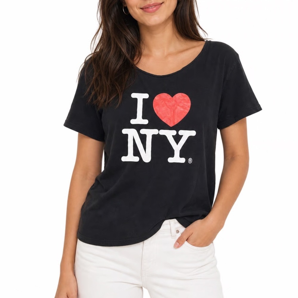 I Love NY T-Shirt Black Short Sleeve Graphic Heart Raw Scoop Neck Souvenir L XL